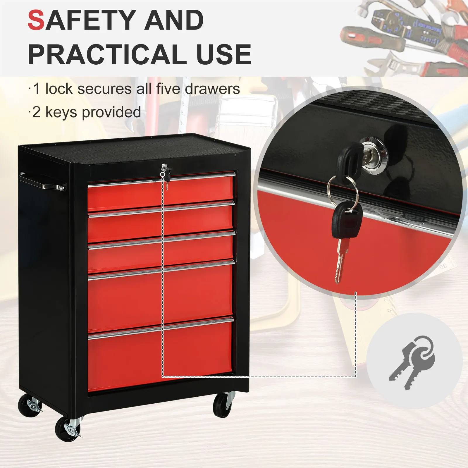 HOMCOM 5-Drawer Lockable Steel Tool Storage Cabinet Wheels Handle 2 Keys in Red 4