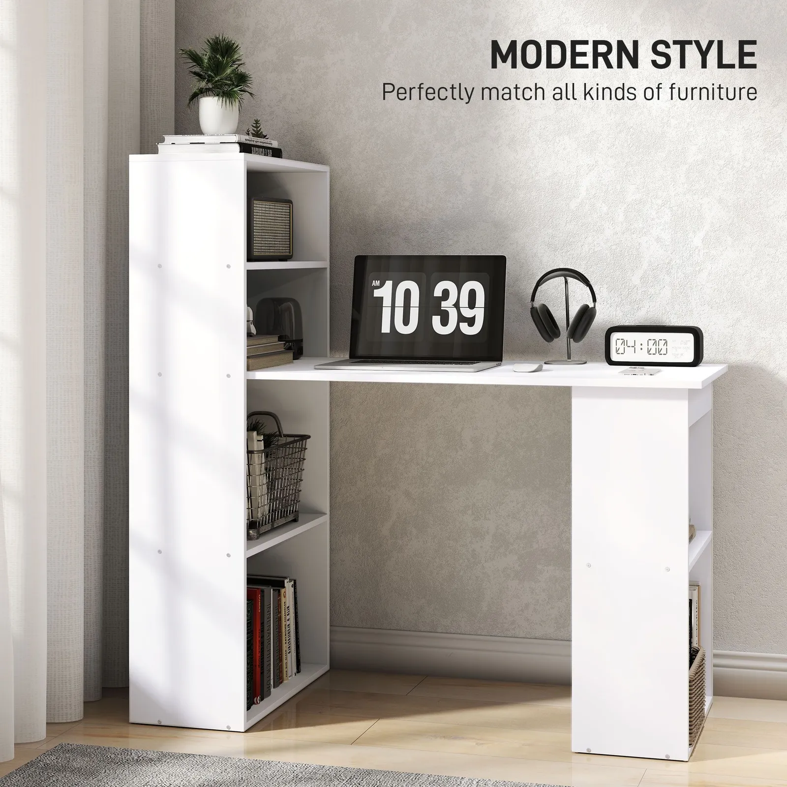 HOMCOM 120cm Modern Computer Desk Bookshelf Writing Table Workstation in White 4