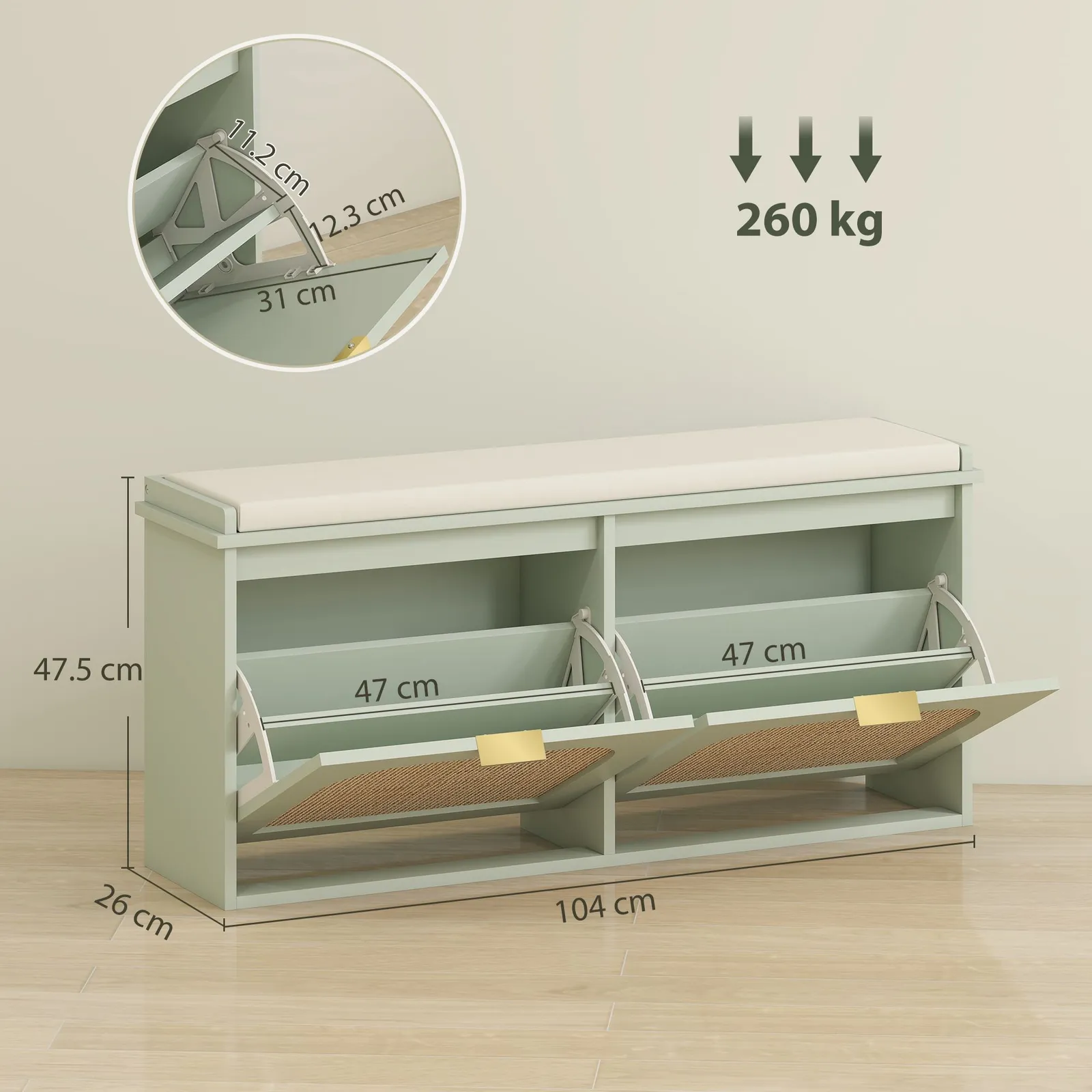 HOMCOM Boho Shoe Bench with Padded Seat & 2 Flip-Drawers in Light Green 3
