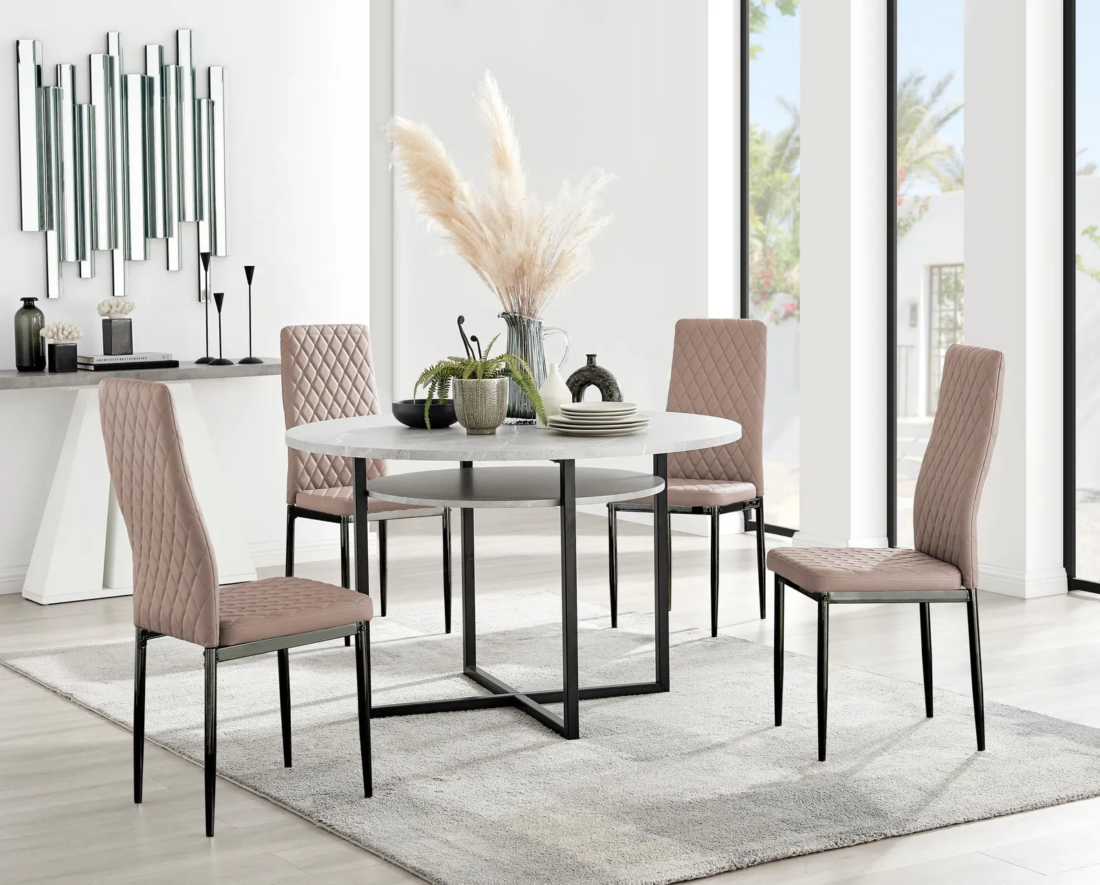 FurnitureboxUK Adley Grey Concrete Effect & Black Round Dining Table with Shelf & 4 Faux Leather Milan Dining Chairs in Beige 1