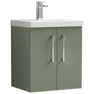 Nuie Arno Satin Green Wall Hung 2 Door Vanity Unit & Basin - 579 x 510mm