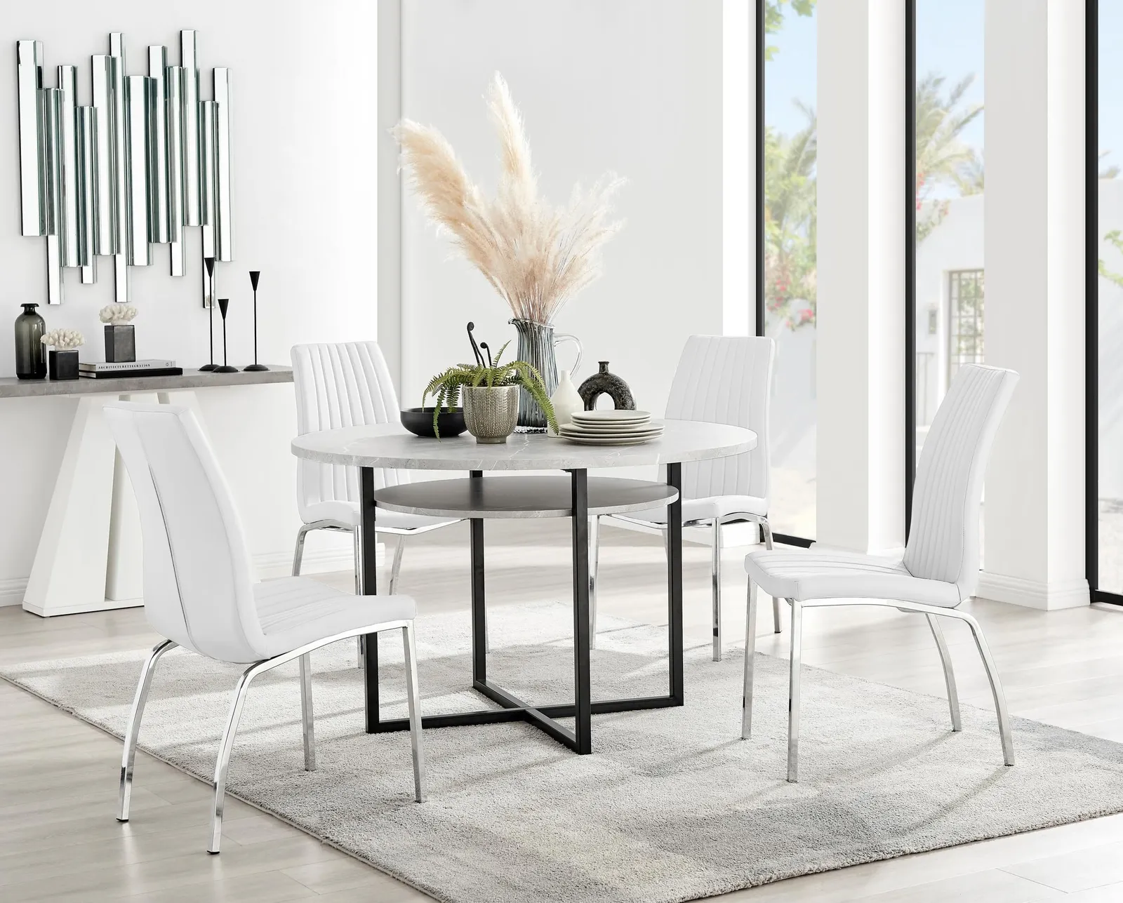 FurnitureboxUK Adley Grey Concrete Effect Round Dining Table & 4 Isco Faux Leather Chairs in White 1