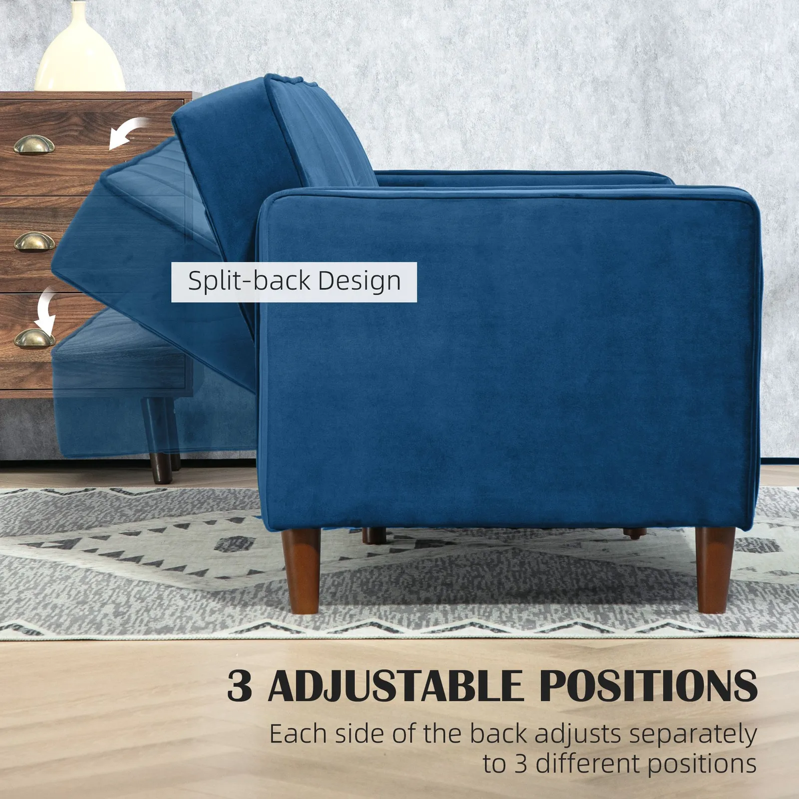 HOMCOM Convertible Sofa Futon Velvet-Touch Tufted Couch Sofa Bed Split Back in Blue 5