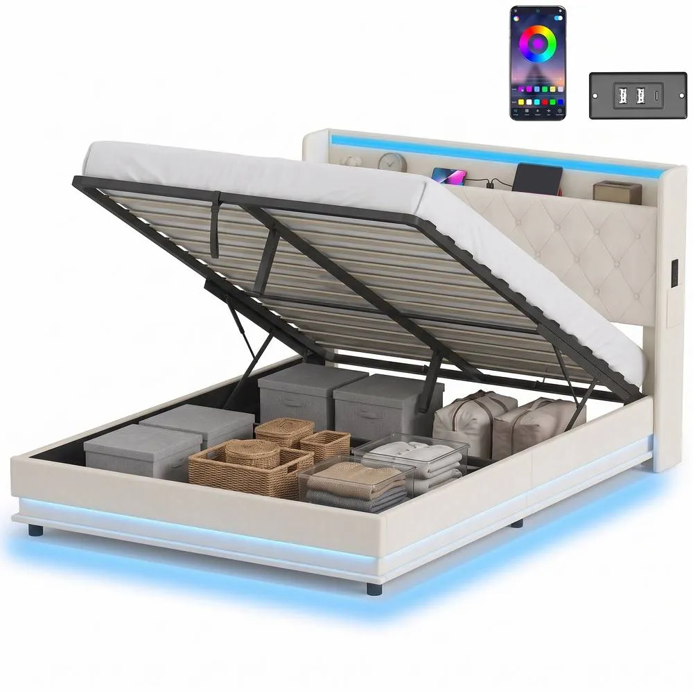 HOMCOM Lift up Storage Bed Frame with RGB LED Lights, 150 x 200cm, White in Cream