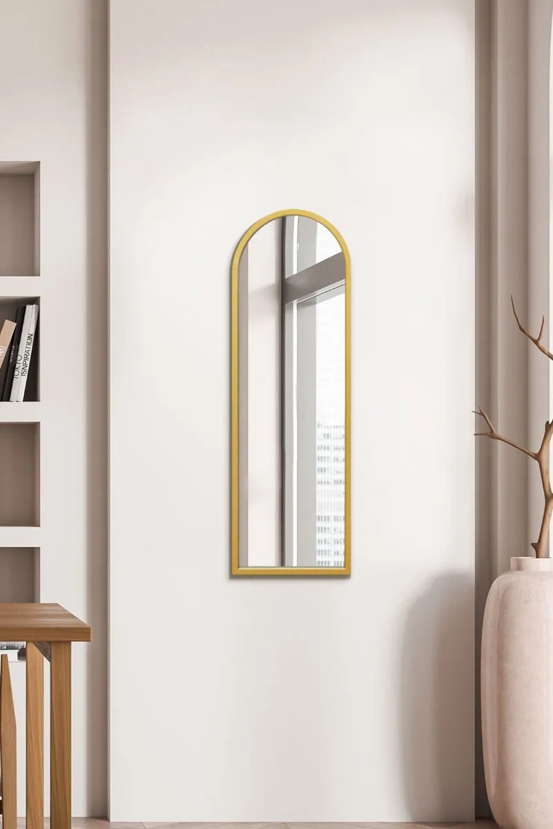 MirrorOutlet Gold Metal Framed Arched Wall Mirror 47" X 16" (120CM X 40CM)