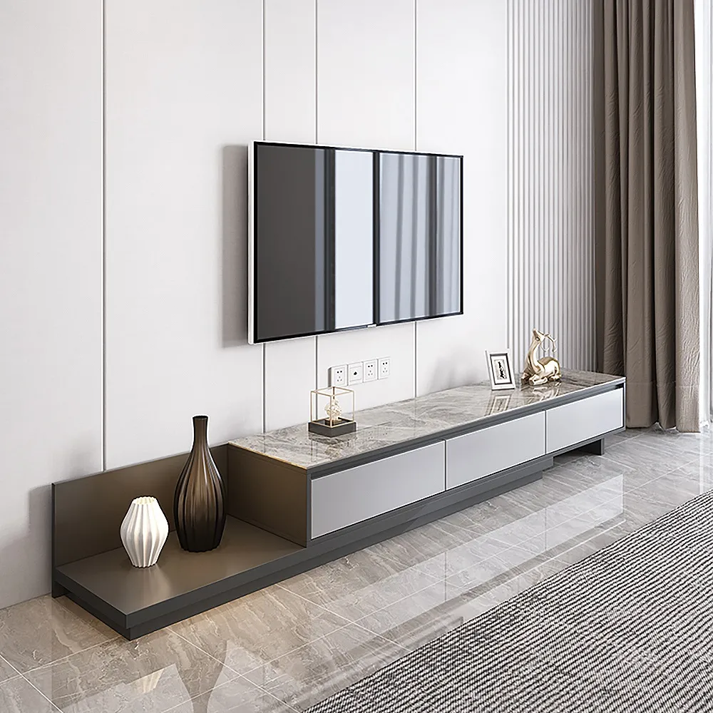 Fero Modern Black Extendable Stone & Wood TV Stand with 3 Drawers Up to 120"