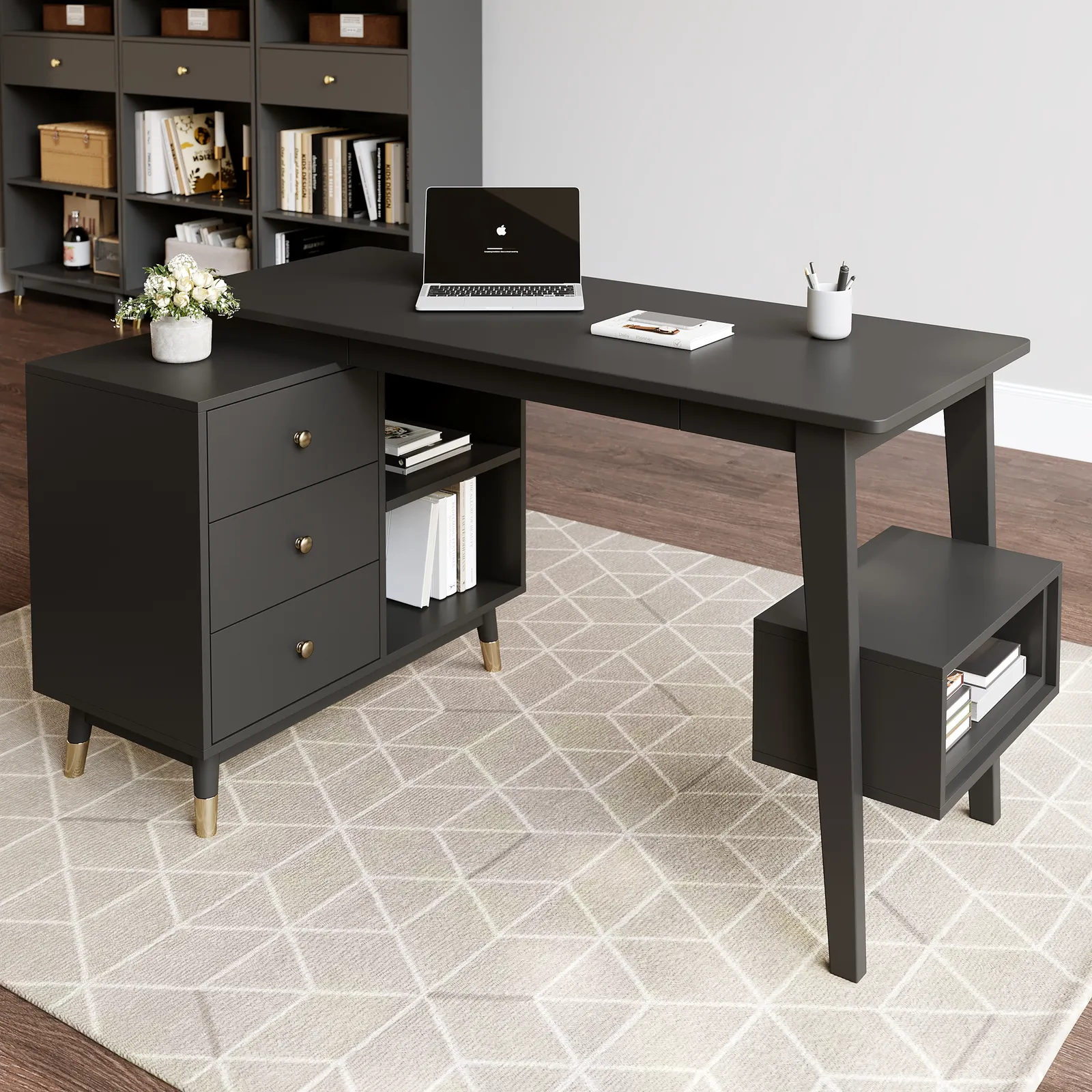 Ultic Black L Shaped Home Office Desk Desk with Storage Drawers & Shelf Computer Desk (1200mm)