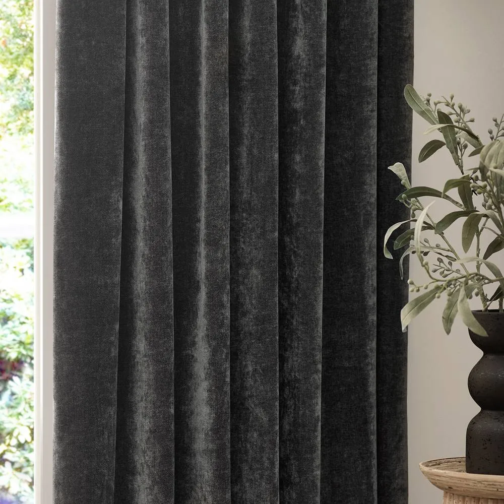Yard Heavy Chenille Blackout Pencil Pleat Curtain Pair in Charcoal 3