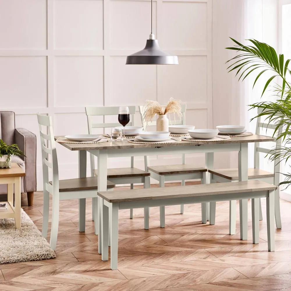 FurnitureboxUK Salcombe Extending Light Grey Table with 4 Chairs & 1 Large Bench