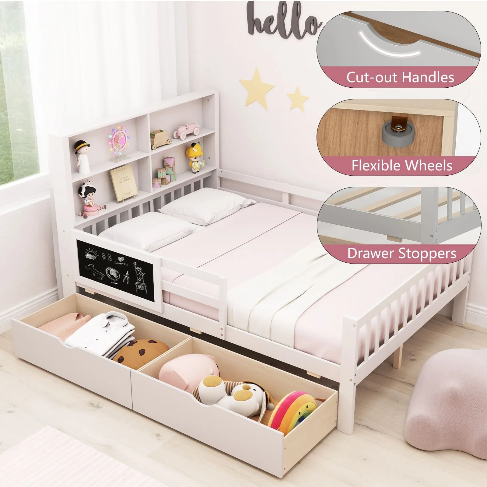 Costway Double Size Bed Frame Solid Wood Platform Bed w/2 Storage Drawers in White 4