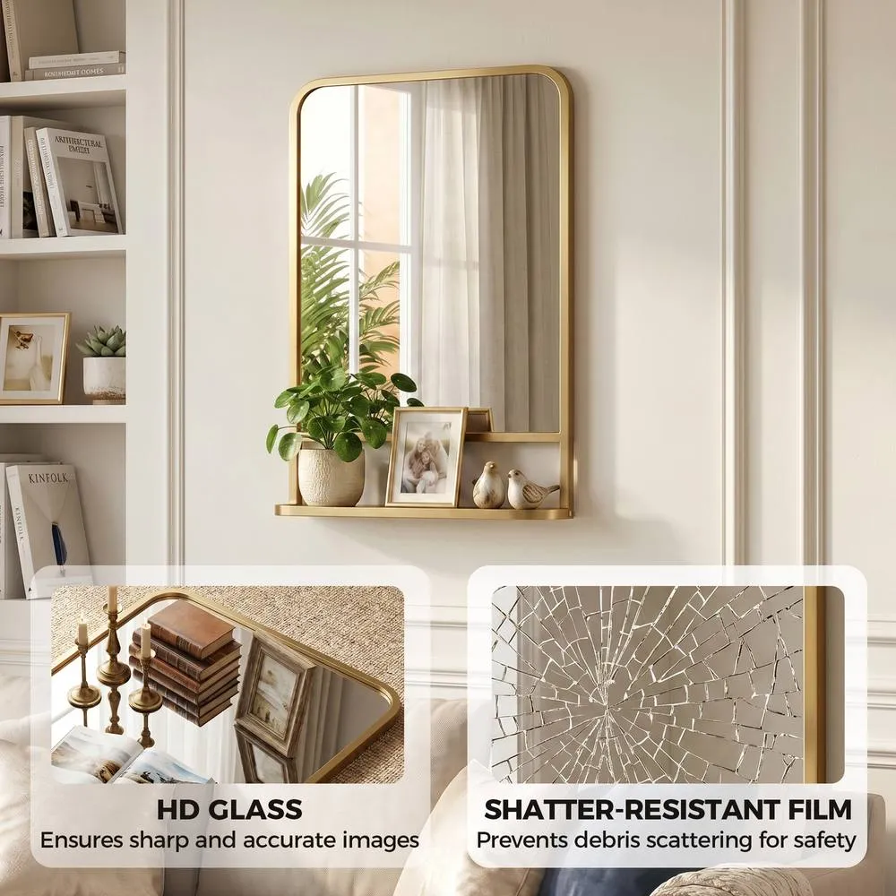 HOMCOM Rectangle Wall Mirror with Shelf 70 x 50 cm, for Living Room, Bedroom in Gold 4