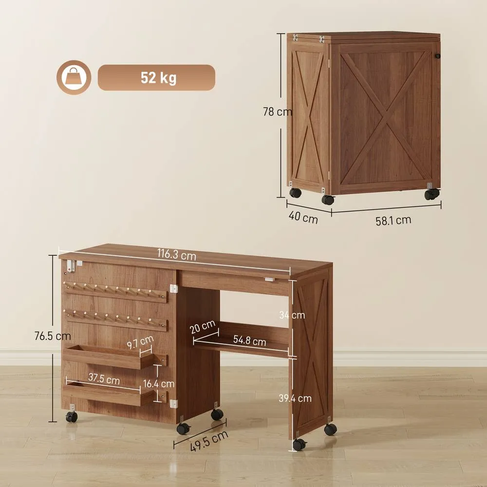 HOMCOM Folding Sewing Table, Craft Table with Storage compartments, Brown 3