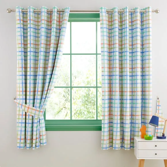 Blue Multi Check Eyelet Curtains 2