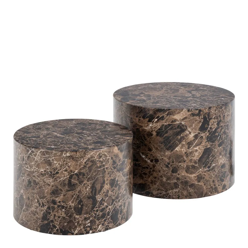 Furniture To Go Dice Round Coffee Table Set of 2 in Brown Marble & Delhi Rough Paper