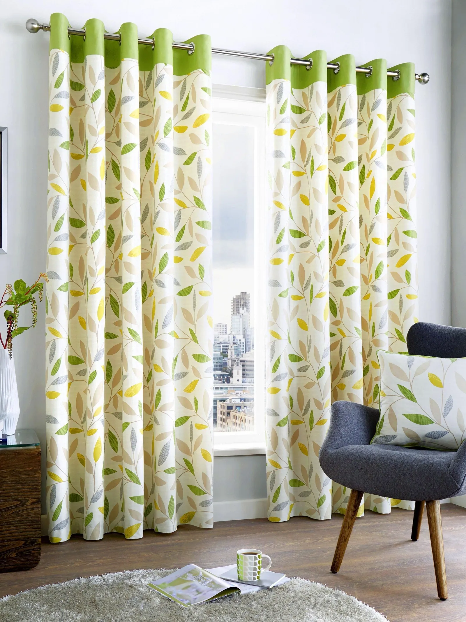 Fusion 'Beechwood' Leaf Trail Pair of 100% Cotton Eyelet Curtains in Green 1