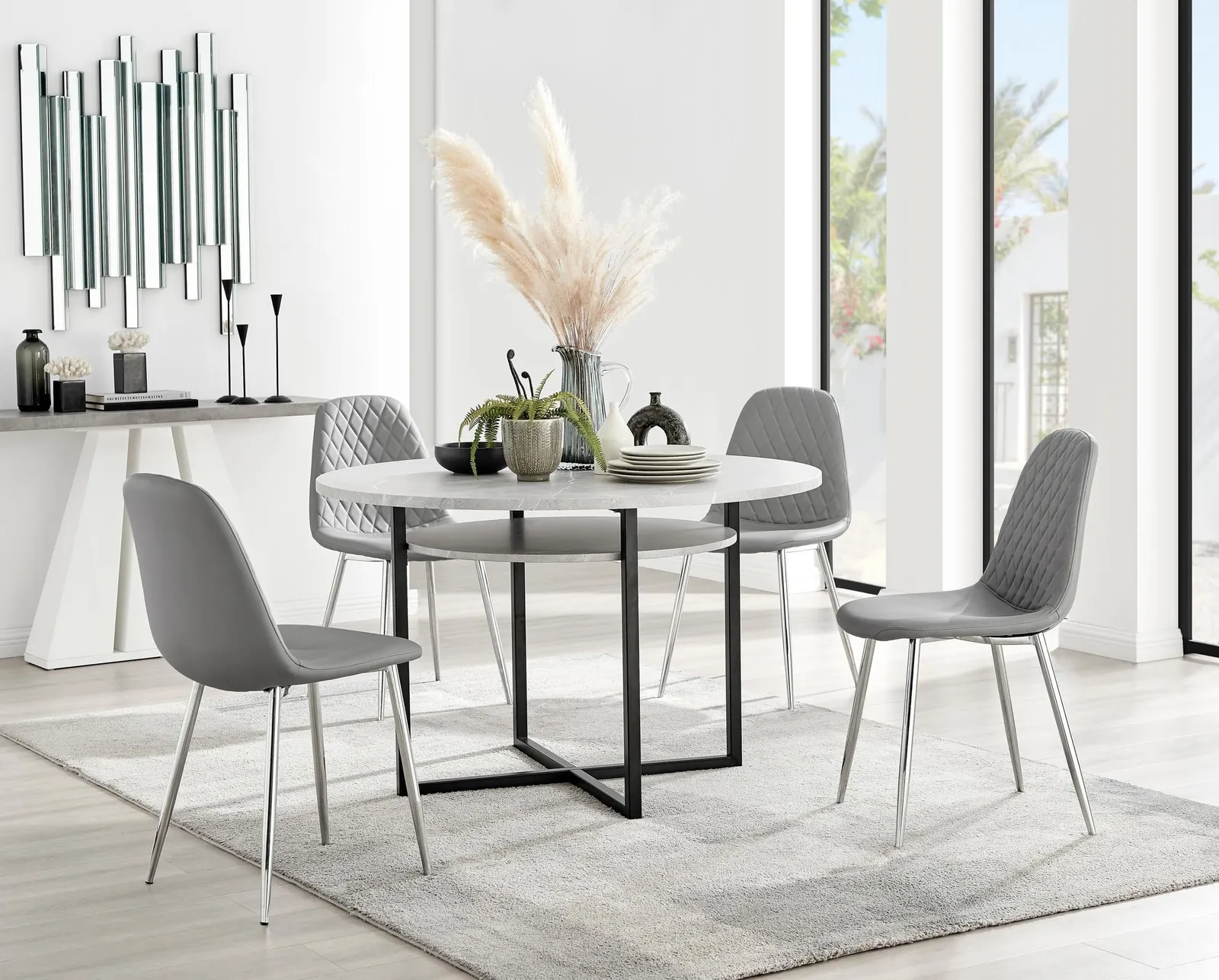 FurnitureboxUK Adley Grey Concrete Effect Round Dining Table & 4 Corona Silver Chairs 1