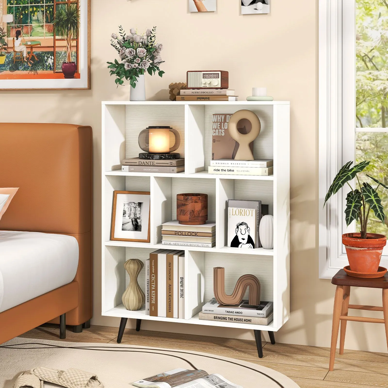 Costway 7-Cube Bookcase Mid Century Modern Storage Organizer in White 3