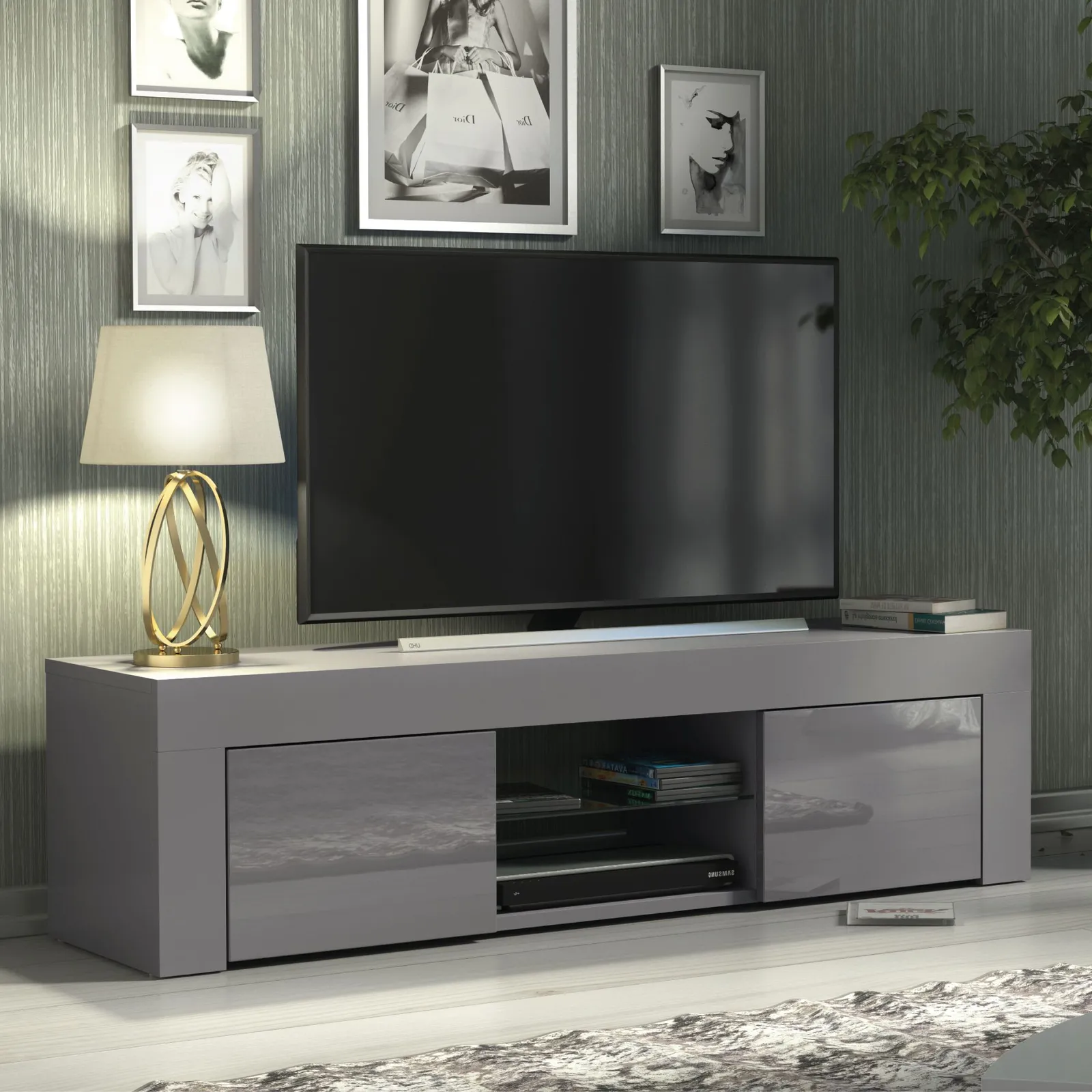 Creative Furniture TV Unit 130cm Modern - Dark Grey with High Gloss Doors 6