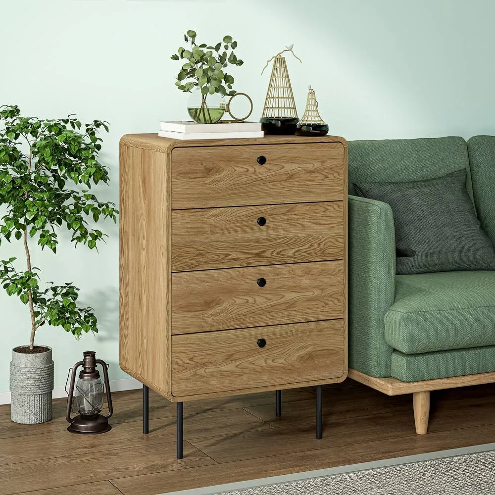 HOMCOM Chest of Drawers with 4 Drawers, Modern Dresser for Bedroom, Oak in Natural