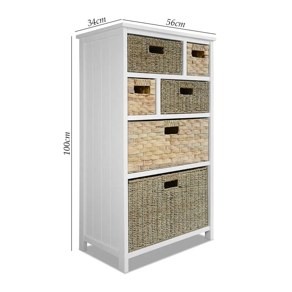Statement Furniture Tetbury 6 Drawer Storage Unit White with Hyacinth & Seagrass Baskets 6