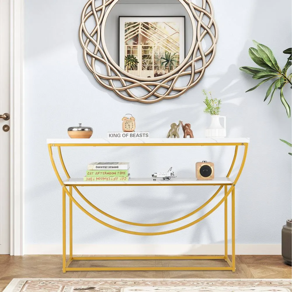 Costway 2-Tier Faux Marble Top Console Table Home Entryway Table-White in White 5