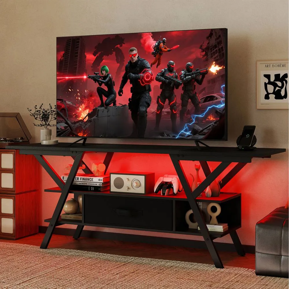 Costway TV Stand for 65" TVs 3-Tier Entertainment Center with LED Lights-Black in Black 2