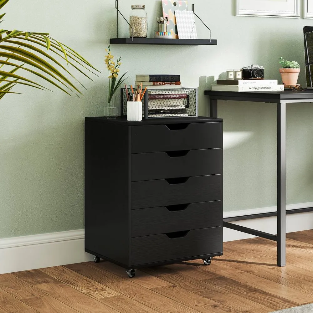 Costway 5 Drawer Rolling Storage Cabinet Mobile Chest of Drawers Wooden Dresser Organizer Coffee in Black 3