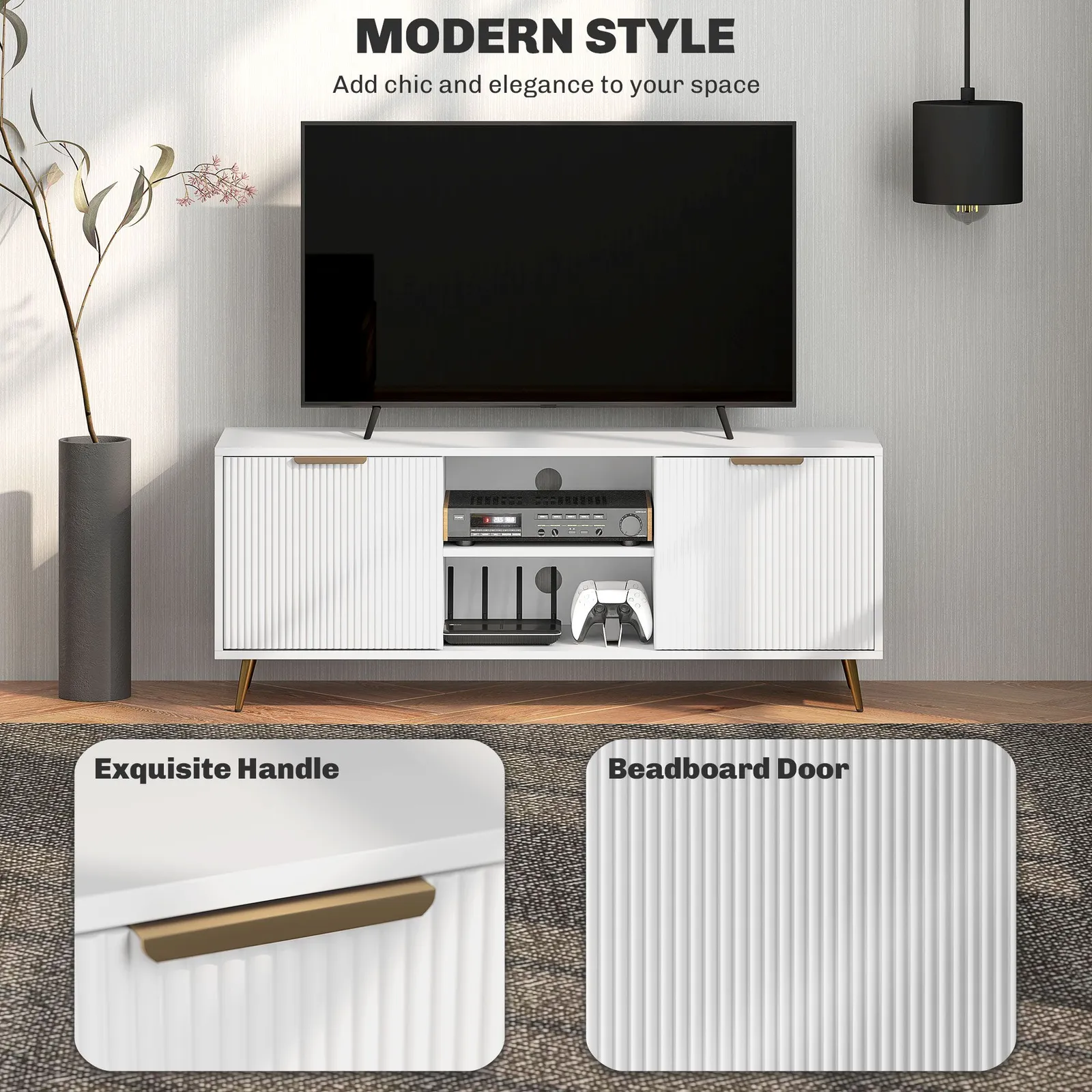 HOMCOM Modern TV Stand Cabinet with Storage for Living Room, White 4