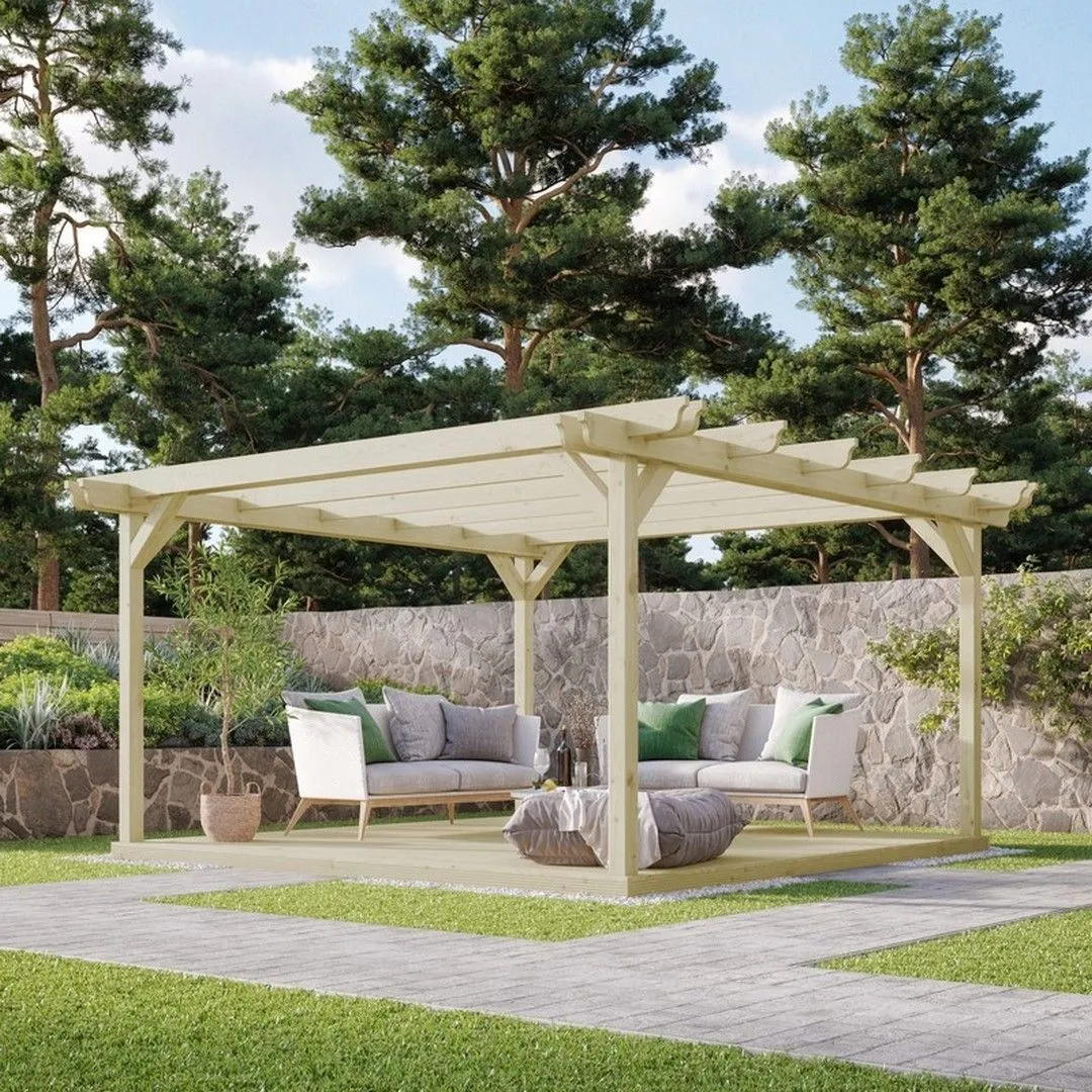 Rutland County Garden Furniture Ltd Double Garden Pergola & Decking Kit, L300 x W300 cm, Rustic Brown in Light Green 1