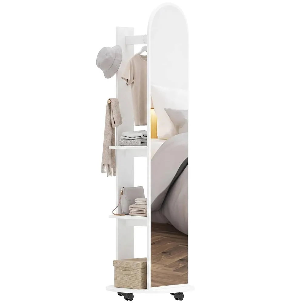 HOMCOM 2-in-1 Full Length Mirror with Shelves, 4 Wheels in White 2