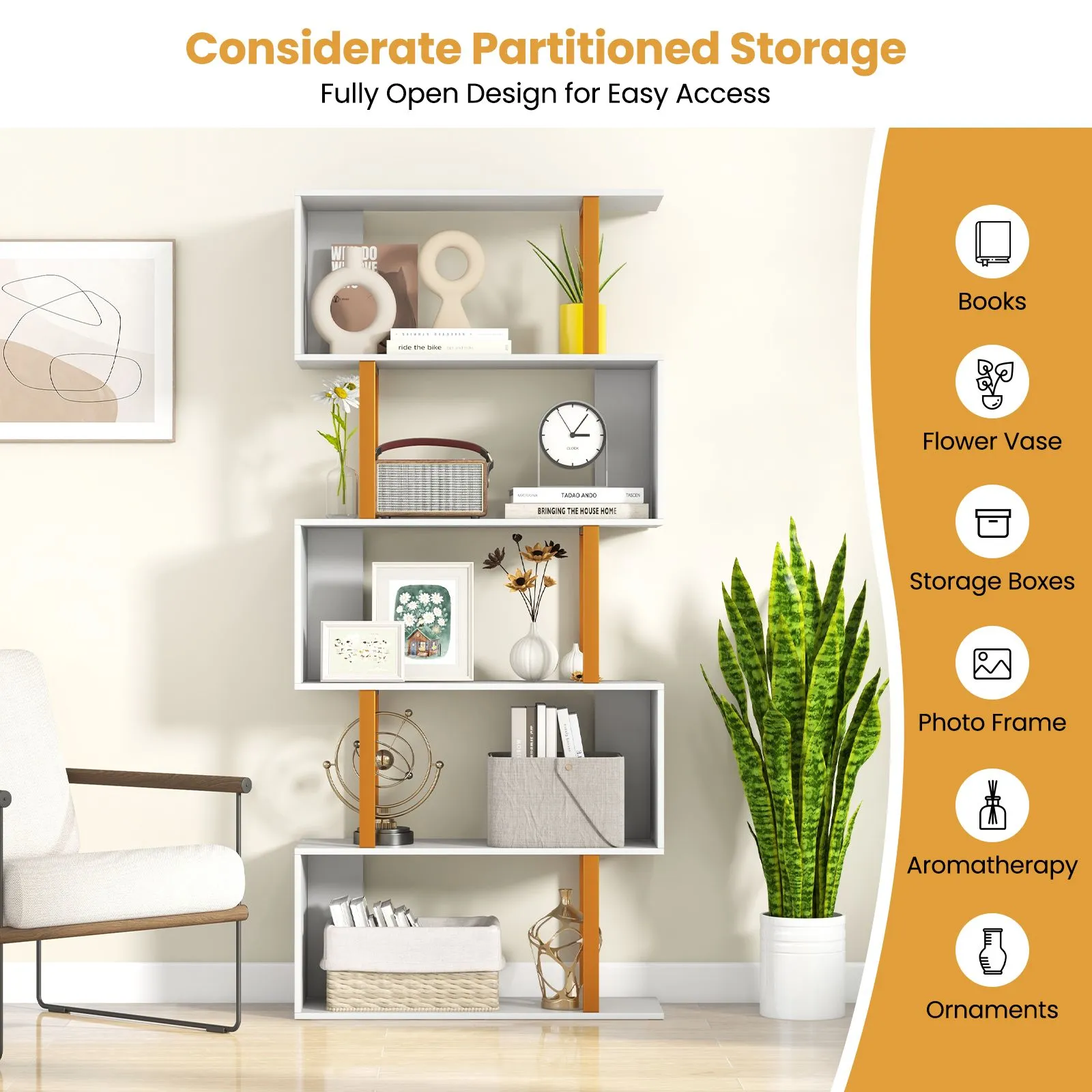 Costway 5-Tier Geometric Bookcase 157CM S-Shaped Bookshelf in White 6