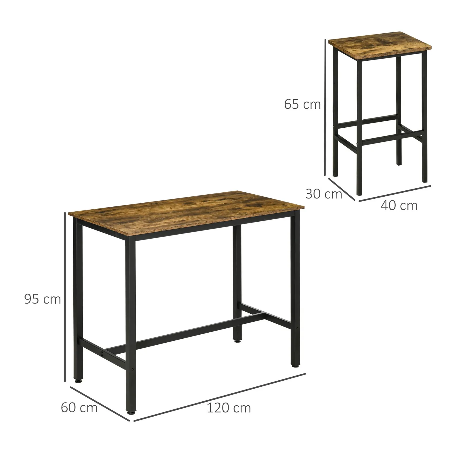 HOMCOM 3 Piece Industrial Bar Table Set Breakfast Table with 2 Stools in Brown 3