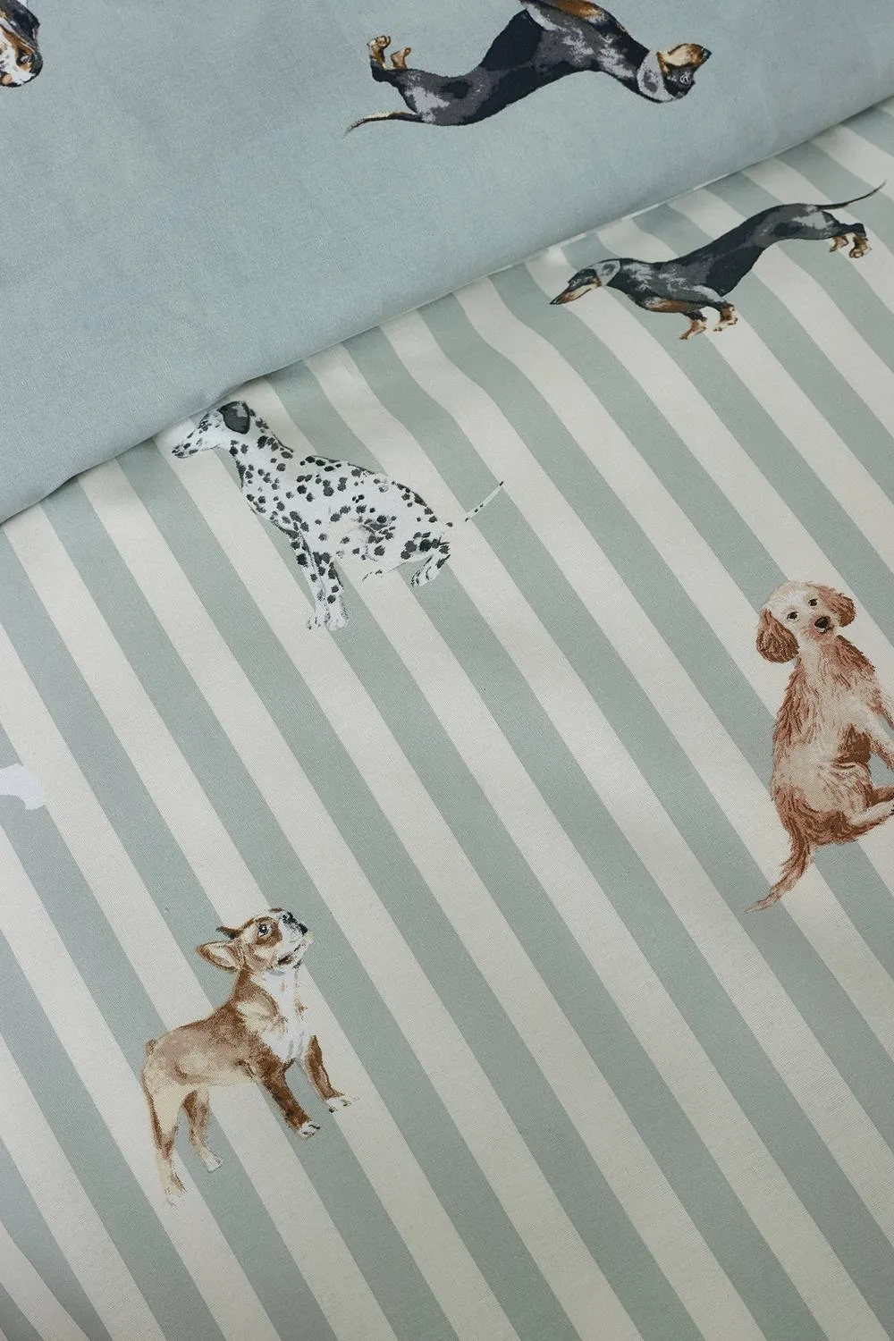 Catherine Lansfield Dog Stripe Reversible Duvet Cover Set in Green 4
