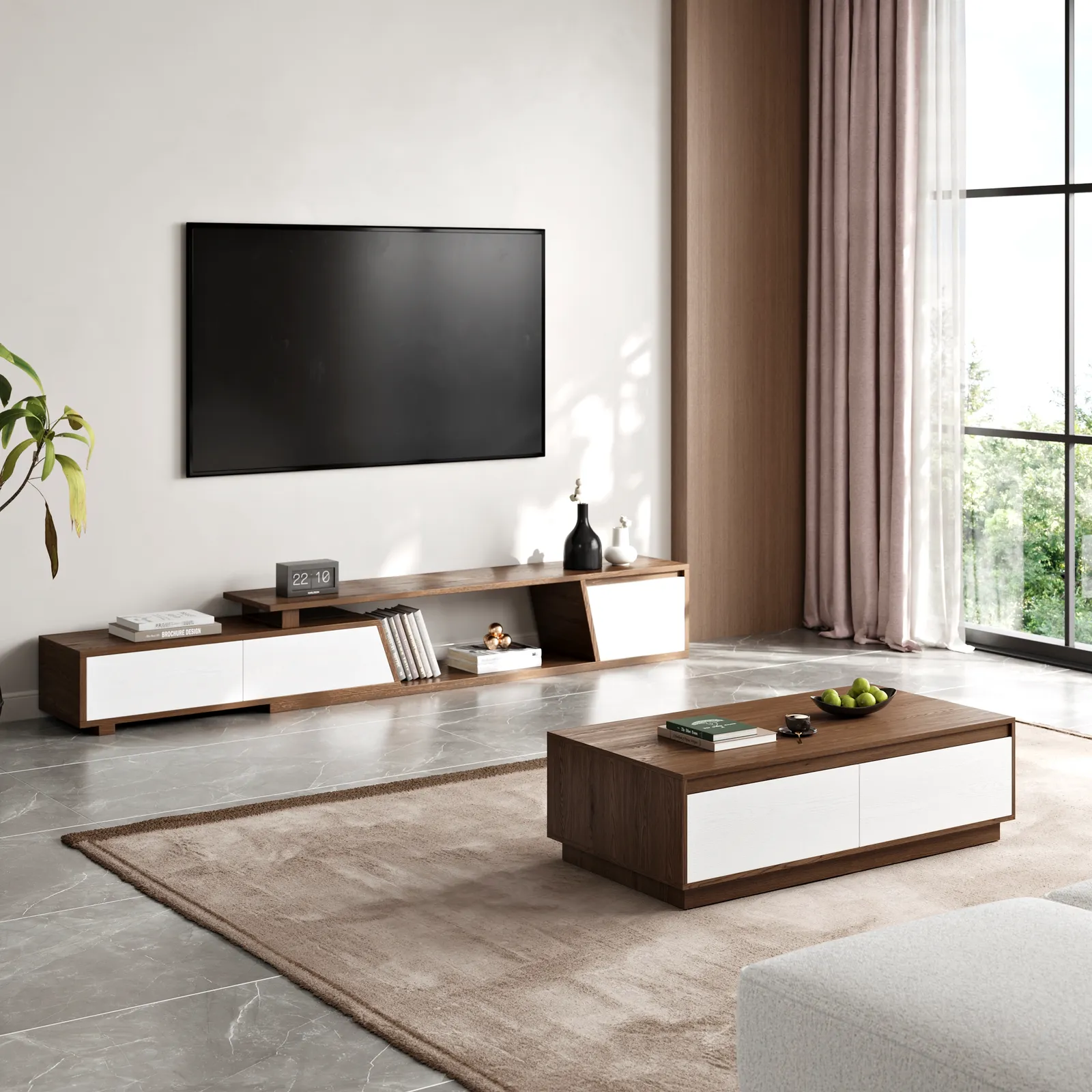 Fero TV Stand Set of Wood White & Walnut Extendable TV Stand & Rectangular Coffee Table