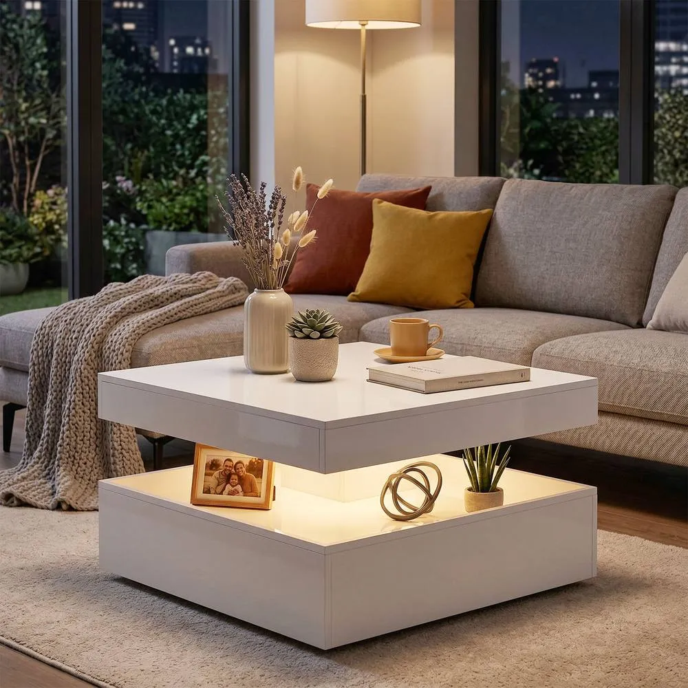 HOMCOM LED Coffee Table with Storage, Modern Centre Table, High Gloss White