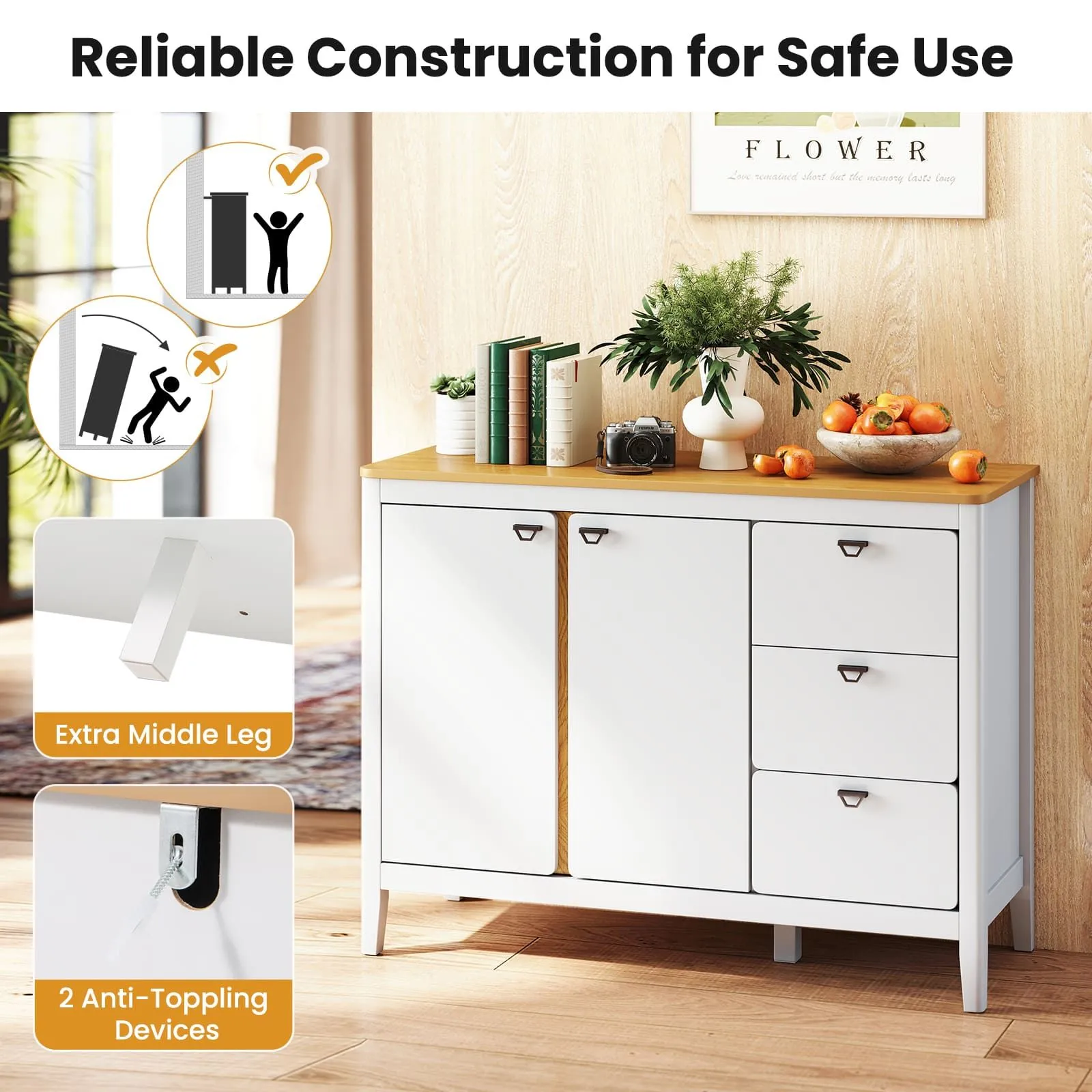 Costway Buffet Cabinet Wooden Kitchen Cupboard w/2 Door & 3 Pull-out Drawers in White 6
