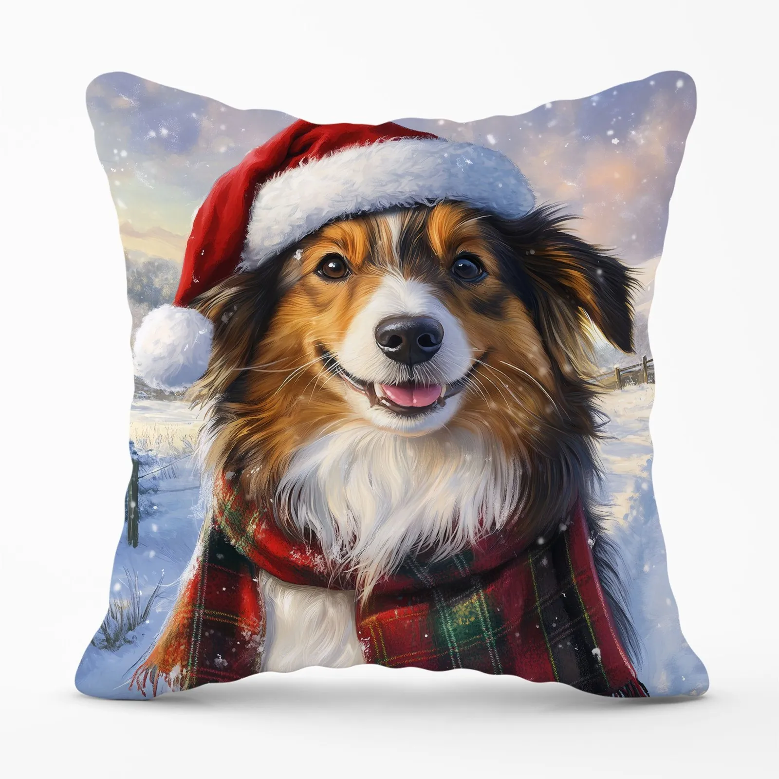 Warren Reed - Designer Christmas Shetland Sheepdog Cushion in Brown