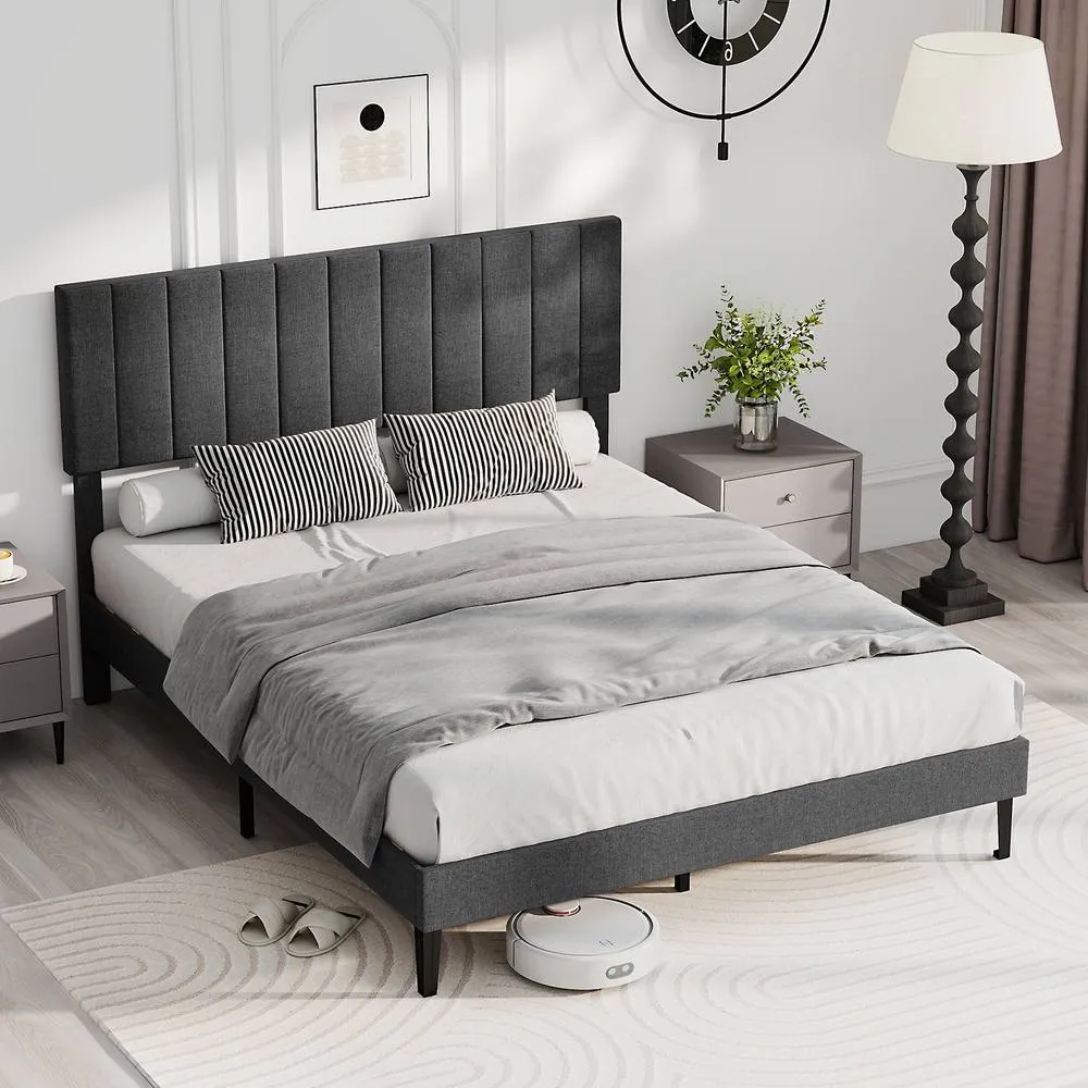 Costway King Size Linen Fabric Bed Frame Upholstered Platform Bed w/Headboard in Grey