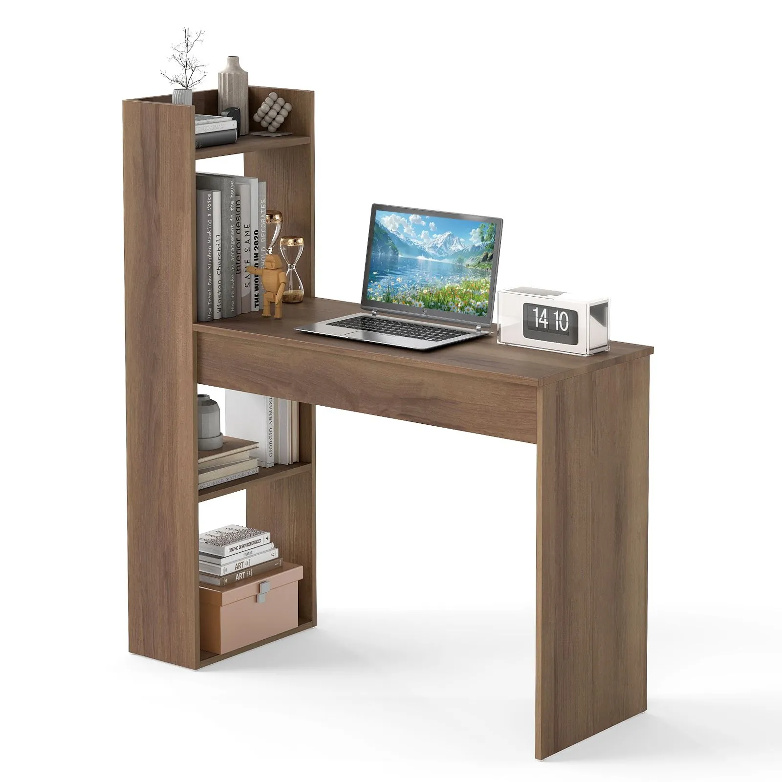 Costway Home Office Desk 110 CM Study Writing Table with Bookshelf in Light Oak 3