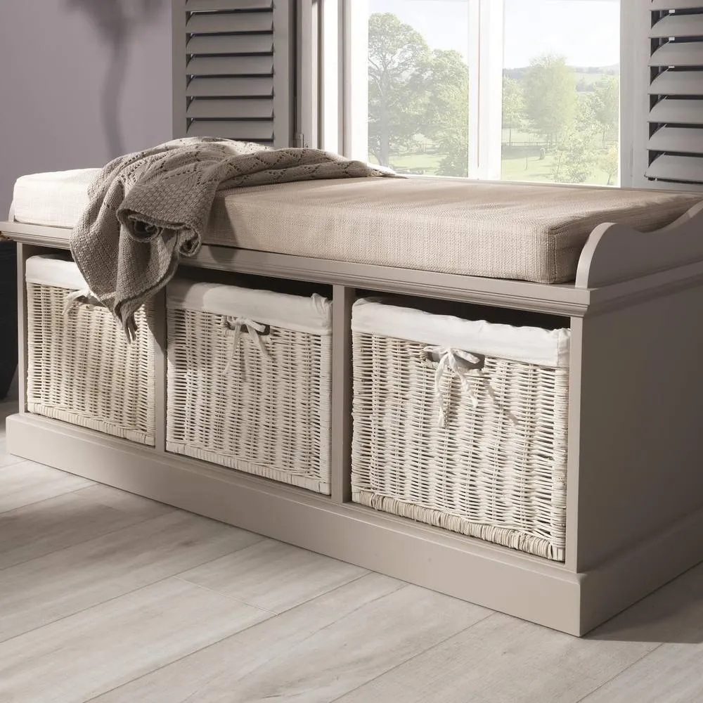 Statement Furniture Tetbury Bench with 3 White Wicker Baskets & Cream Cushion in Taupe