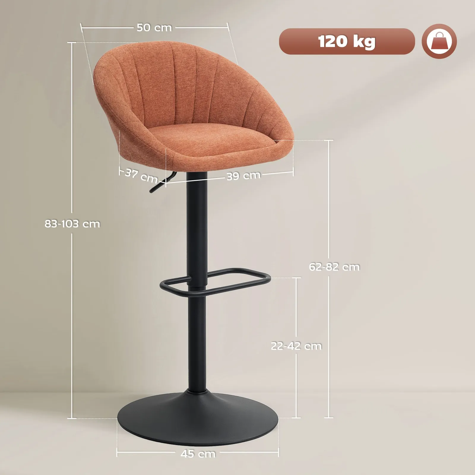 HOMCOM Swivel Bar Stools Set of 2 Height Adjustable Bar Chairs in Orange 3