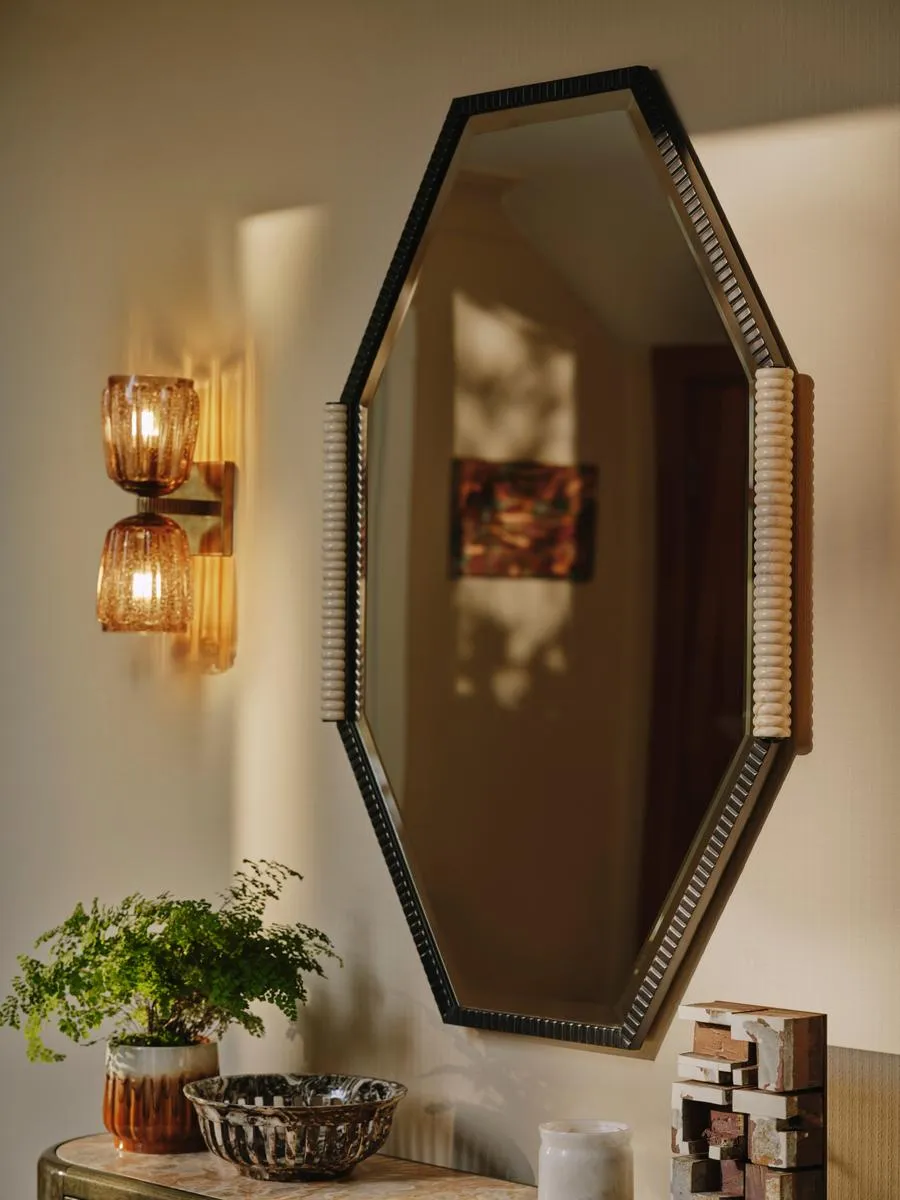 Welton Wall Mirror, Blackened Brass & Travertine