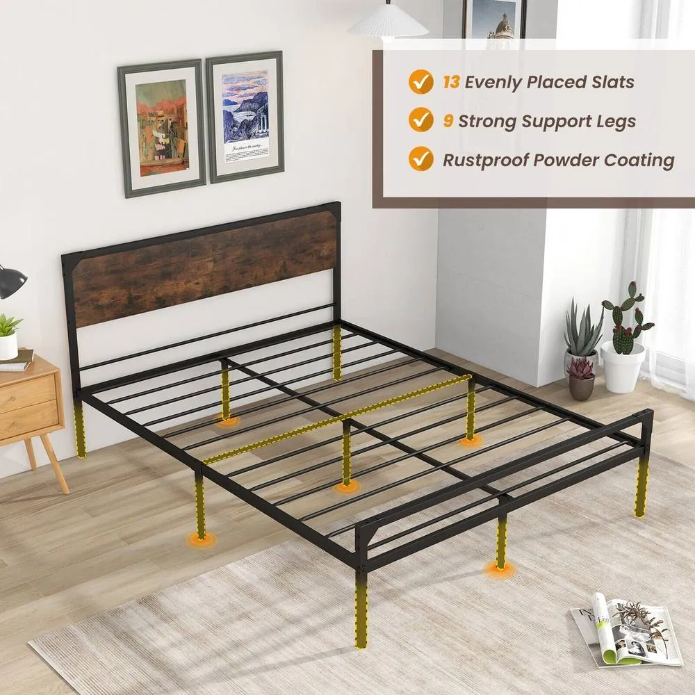 Costway Industrial Double Size Bed Frame Metal Platform Bed with 9 Legs in Brown 5