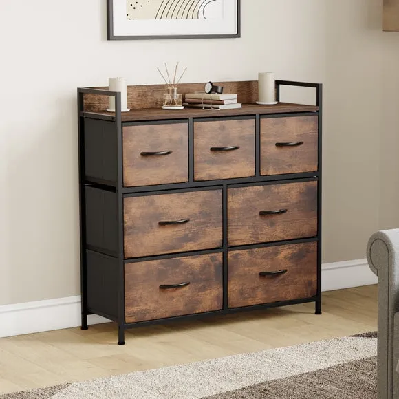 Return - Maye 7 Drawer Fabric Chest, Rustic Wood Effect