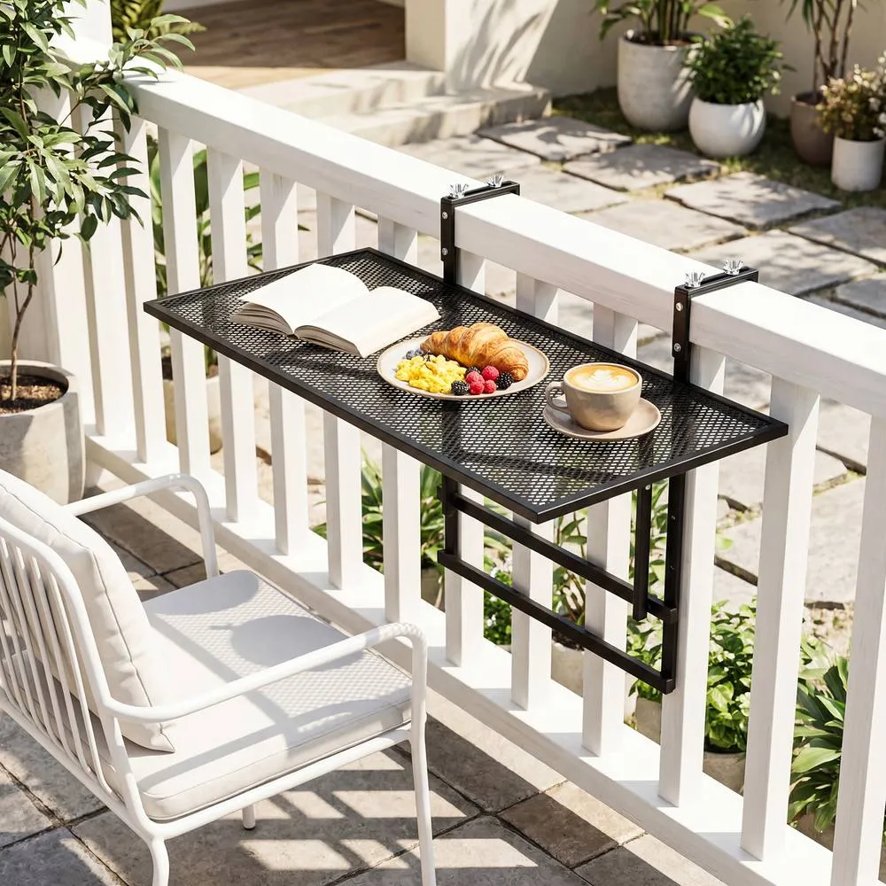 Costway Balcony Railing Table Metal Folding Bar Table w/ 5-Position Height in Black 4