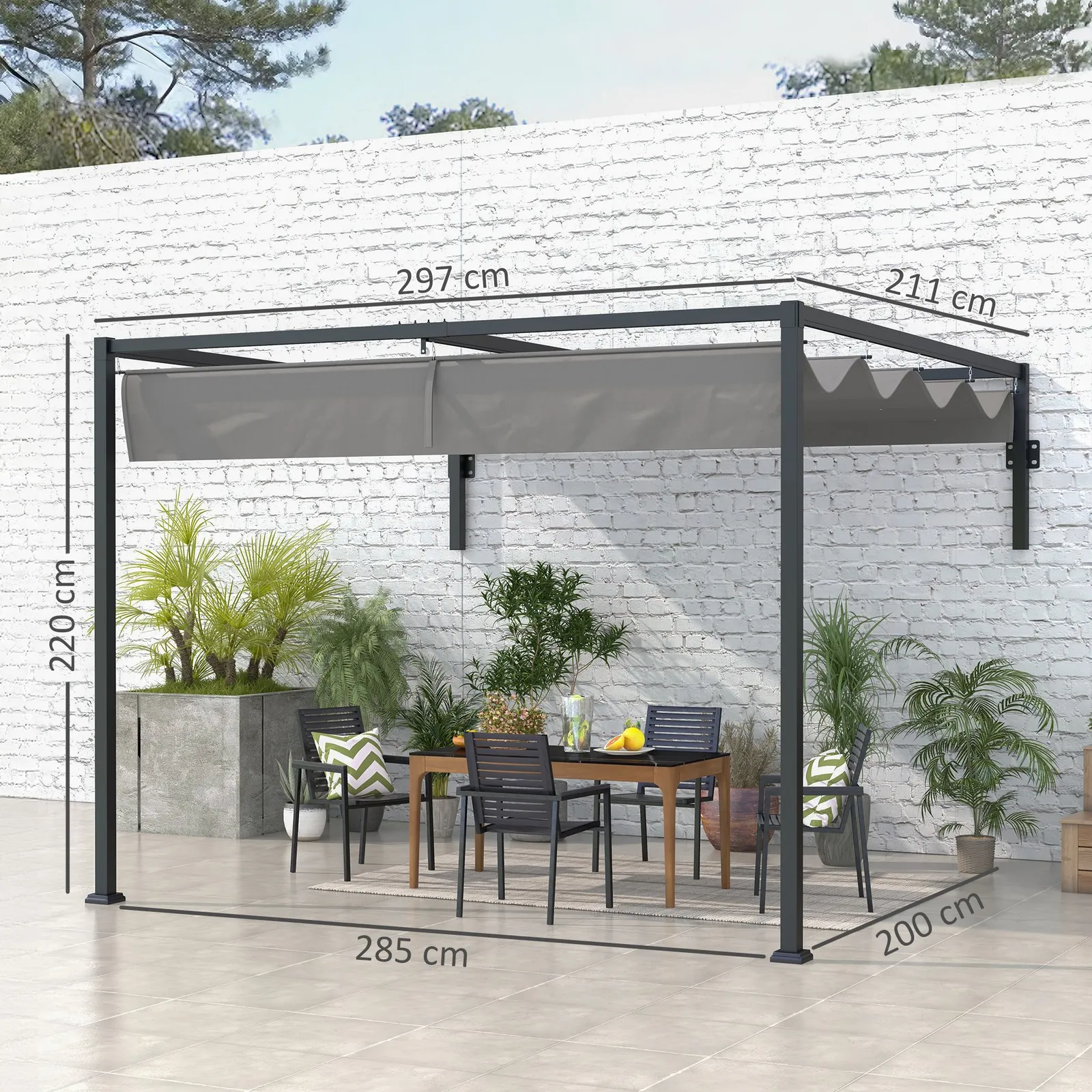 OUTSUNNY Wall Mounted Pergola with Retractable Sun Shade Canopy in Dark Grey 3