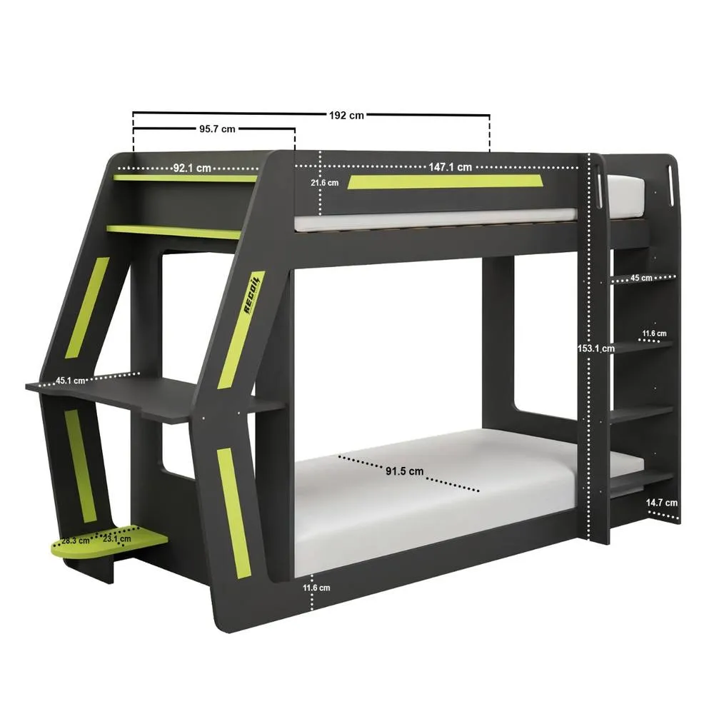 Flair Alister Gaming Bunk Bed with Desk Charcoal & Green 5