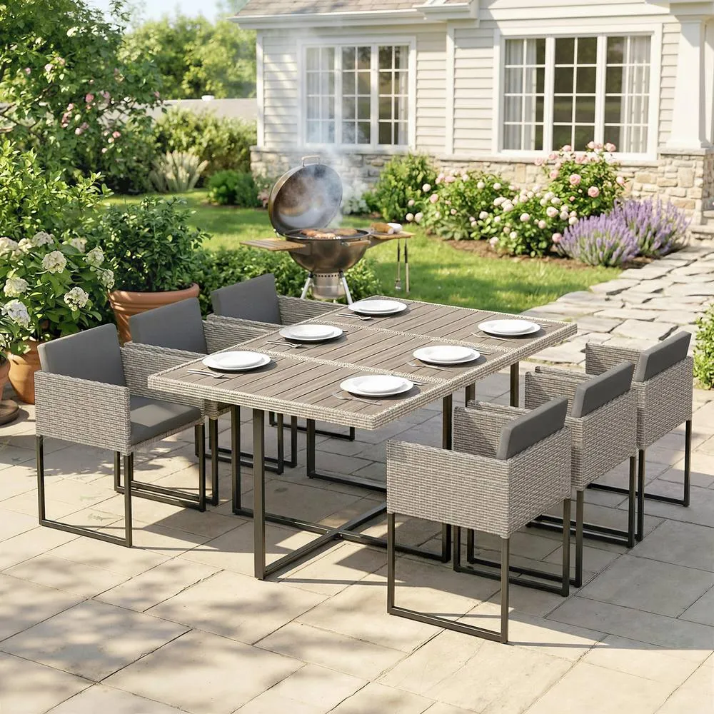 OUTSUNNY Rattan Garden Furniture Set, Rattan Table & Chairs with Cushions in Light Grey