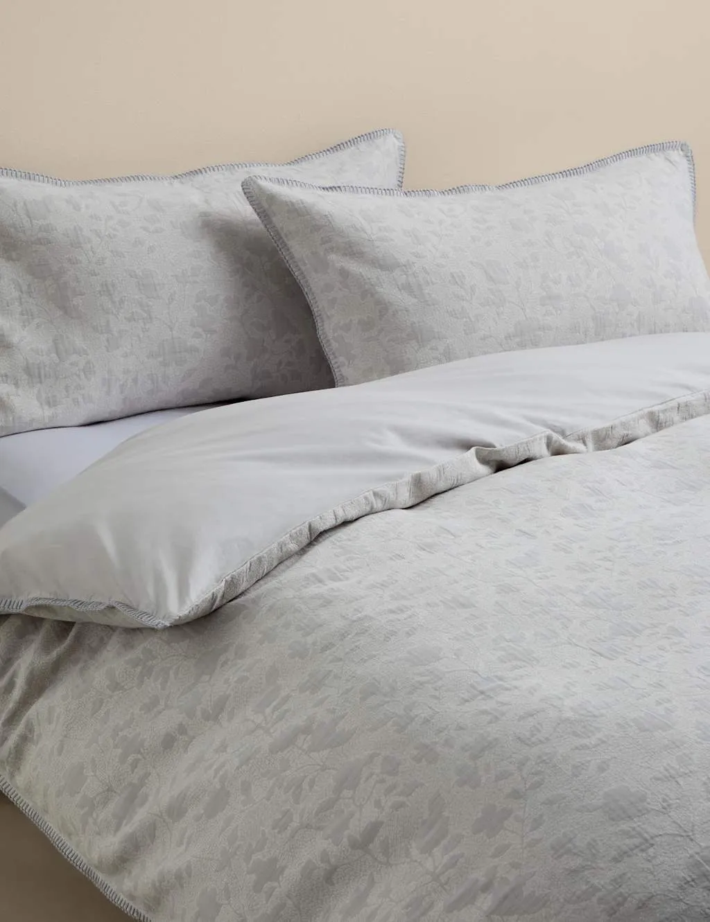 M&S Pure Cotton Woodblock Floral Jacquard Bedding Set Natural