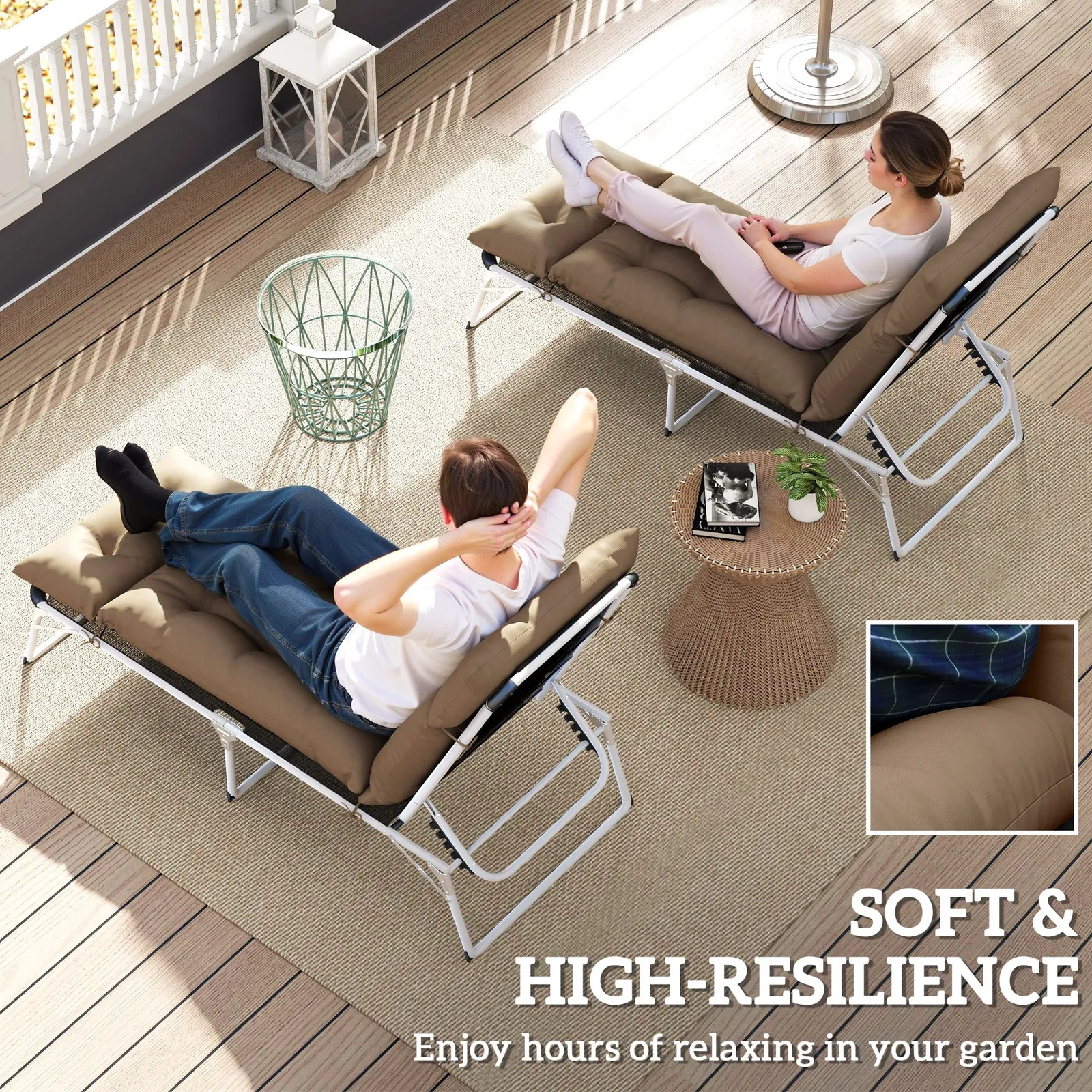 OUTSUNNY Garden Lounge Chair Cushions Set of 2, 220gsm Fabric, Khaki 5